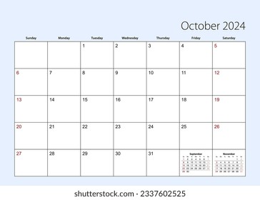 Wall calendar planner for October 2024. English language, week starts from Sunday. Vector template.