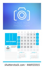 Wall calendar planner print template for 2017 year. November 2017. Calendar poster with place for photo. 3 Months on page. Week starts Sunday