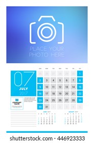 Wall calendar planner print template for 2017 year. July 2017. Calendar poster with place for photo. 3 Months on page. Week starts Sunday