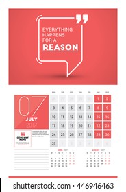 Wall calendar planner print template for 2017 year. July 2017. Calendar poster with motivational quote. 3 Months on page. Week starts Monday