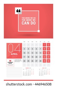 Wall calendar planner print template for 2017 year. April 2017. Calendar poster with motivational quote. 3 Months on page. Week starts Monday