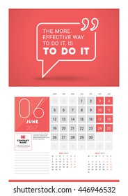 Wall calendar planner print template for 2017 year. June 2017. Calendar poster with motivational quote. 3 Months on page. Week starts Monday