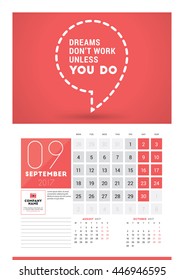 Wall calendar planner print template for 2017 year. September 2017. Calendar poster with motivational quote. 3 Months on page. Week starts Monday