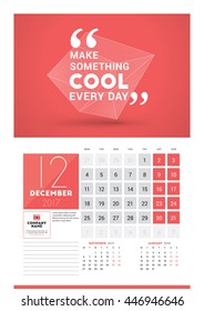 Wall calendar planner print template for 2017 year. December 2017. Calendar poster with motivational quote. 3 Months on page. Week starts Monday