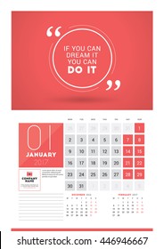 Wall calendar planner print template for 2017 year. January 2017. Calendar poster with motivational quote. 3 Months on page. Week starts Monday