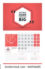 Wall calendar planner print template for 2017 year. May 2017. Calendar poster with motivational quote. 3 Months on page. Week starts Monday