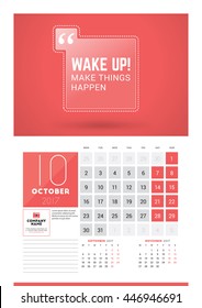 Wall calendar planner print template for 2017 year. October 2017. Calendar poster with motivational quote. 3 Months on page. Week starts Monday