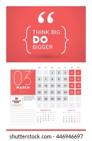 Wall calendar planner print template for 2017 year. March 2017. Calendar poster with motivational quote. 3 Months on page. Week starts Monday