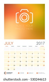 Wall Calendar Planner Template for 2017 Year. July. Vector Design Template with Place for Photo. Week starts Sunday. Portrait Orientation