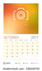 Wall Calendar Planner Template for 2017 Year. October. Vector Design Template with Place for Photo. Week starts Sunday. Portrait Orientation