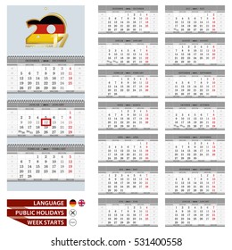 Wall calendar planner template for 2017 year. German and English language. Week starts from Monday. Ready for print. Vector Illustration.