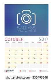 Wall Calendar Planner Template for 2017 Year. October. Vector Design Template with Place for Photo. Week starts Monday. Portrait Orientation