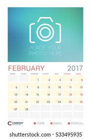 Wall Calendar Planner Template for 2017 Year. February. Vector Design Template with Place for Photo. Week starts Monday. Portrait Orientation