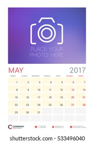 Wall Calendar Planner Template for 2017 Year. May. Vector Design Template with Place for Photo. Week starts Monday. Portrait Orientation
