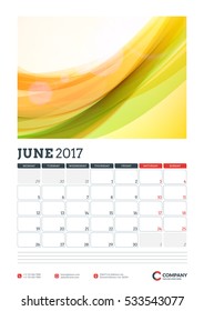 Wall Calendar Planner Template for 2017 Year. June. Vector Design Template with Abstract Background. Week starts Monday. Portrait Orientation