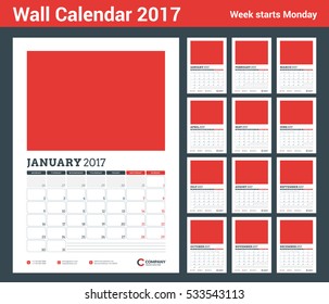 Wall Calendar Planner Template for 2017 Year. Set of 12 Months. Vector Design Template with Place for Photo. Week starts Monday. Portrait Orientation