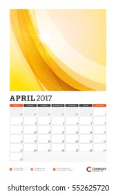 Wall Calendar Planner Template for 2017 Year. April. Vector Design Template with Abstract Background. Week starts Sunday. Portrait Orientation