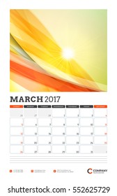 Wall Calendar Planner Template for 2017 Year. March. Vector Design Template with Abstract Background. Week starts Sunday. Portrait Orientation