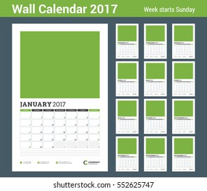 Wall Calendar Planner Template for 2017 Year. Set of 12 Months. Vector Design Template with Abstract Background. Week starts Sunday. Portrait Orientation