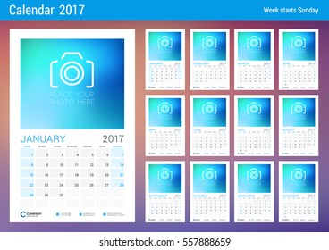 Wall Calendar Planner Template for 2017 Year. Week Starts Sunday. Set of 12 Months. Place for Notes and Photo. Stationery Design. Vector Calendar Template