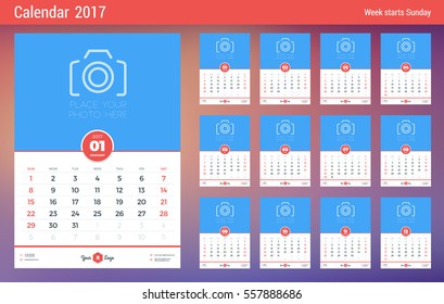 Wall Calendar Planner Template for 2017 Year. Week Starts Sunday. Set of 12 Months. Place for Notes and Photo. Stationery Design. Vector Calendar Template