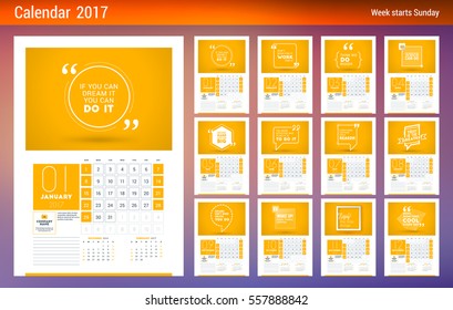 Wall Calendar Planner Template for 2017 Year. Week Starts Sunday. Set of 12 Months. Place for Notes and Photo. Stationery Design. Vector Calendar Template