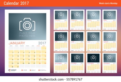 Wall Calendar Planner Template for 2017 Year. Design Template with Place for Photo. Week starts Monday. Vector Illustration