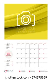 Wall calendar planner template for 2017 Year. June. Vector stationery design template. Week starts on Monday