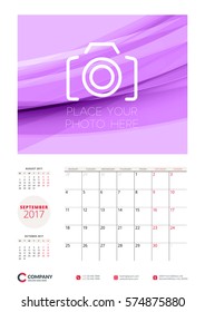 Wall calendar planner template for 2017 Year. September. Vector stationery design template. Week starts on Monday