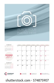 Wall calendar planner template for 2017 Year. November. Vector stationery design template. Week starts on Monday