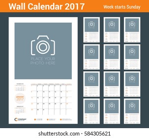 Wall calendar planner template for 2017 Year. Vector stationery design template. Week starts on Sunday