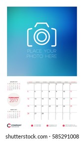 Wall calendar planner template for 2017 Year. February. Vector stationery design template. Week starts on Sunday