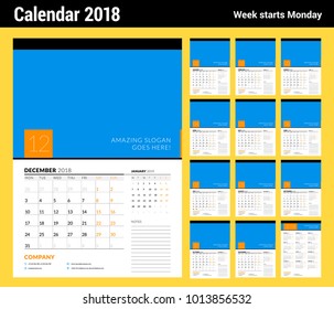 Wall calendar planner template for 2018 year. Set of 12 months. Vector design print template with place for photo. Week starts on Monday