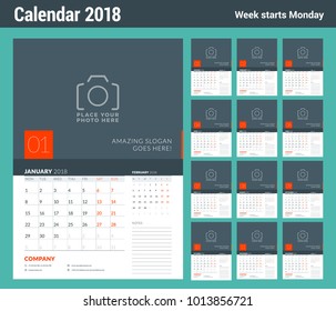 Wall calendar planner template for 2018 year. Set of 12 months. Vector design print template with place for photo. Week starts on Monday