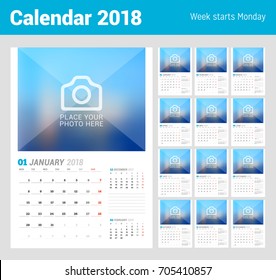 Wall calendar planner template for 2018 year. Vector design print template with place for photo. Week starts on Monday. Set of 12 months
