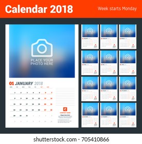 Wall calendar planner template for 2018 year. Vector design print template with place for photo. Week starts on Monday. Set of 12 months