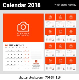 Wall calendar planner template for 2018 year. Vector design print template with place for photo. Week starts on Monday