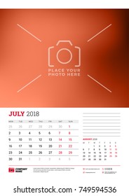 Wall calendar planner template for 2018 year. July, august. Vector design print template with place for photo. Week starts on Monday