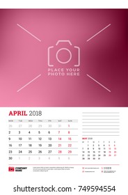 Wall calendar planner template for 2018 year. April, May. Vector design print template with place for photo. Week starts on Monday