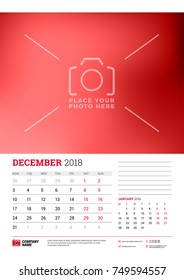 Wall calendar planner template for 2018 year. December, January 2019. Vector design print template with place for photo. Week starts on Monday