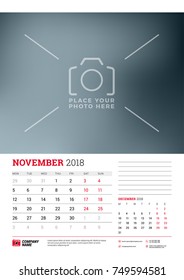 Wall calendar planner template for 2018 year. November, December. Vector design print template with place for photo. Week starts on Monday