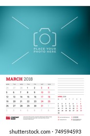 Wall calendar planner template for 2018 year. March, April. Vector design print template with place for photo. Week starts on Monday
