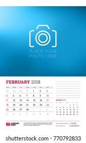 Wall calendar planner template for 2018 year. February, March. Vector design print template with place for photo. Week starts on Sunday