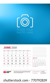 Wall calendar planner template for 2018 year. June, July. Vector design print template with place for photo. Week starts on Sunday