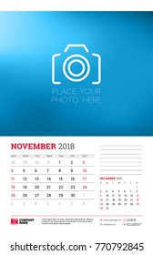 Wall calendar planner template for 2018 year. November, December. Vector design print template with place for photo. Week starts on Sunday