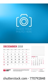 Wall calendar planner template for 2018 year. December, January 2019. Vector design print template with place for photo. Week starts on Sunday