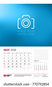 Wall calendar planner template for 2018 year. May, June. Vector design print template with place for photo. Week starts on Sunday