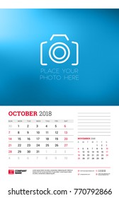 Wall calendar planner template for 2018 year. October, November. Vector design print template with place for photo. Week starts on Sunday