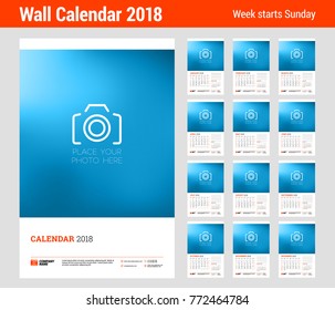 Wall calendar planner template for 2018 year. Set of 12 months. Vector design print template with place for photo. Week starts on Sunday