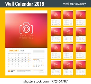 Wall calendar planner template for 2018 year. Set of 12 months. Vector design print template with place for photo. Week starts on Sunday
